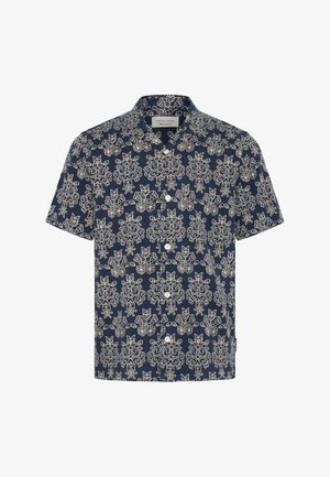 Marineblauw overhemd met korte mouwen, knopen aan de voorkant, een beige bloemen-damastpatroon en een klassieke kraag.