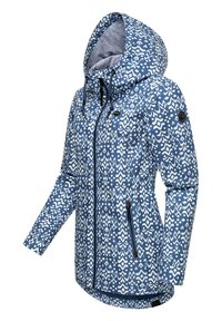 Modra in bela vzorirana vodoodporna jakna s kapuco, zadrgo in žepi. Ponuja teksturirano tkanino in sproščen kroj.