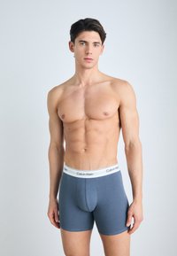 Calvin Klein sive bokserice s bijelim logom na pojasu, mekani pamučni materijal, prilagođen dizajn i glatka tekstura.