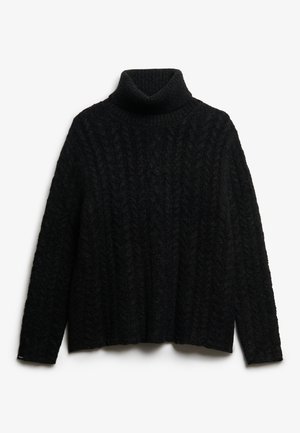 Schwarzer Rollkragensweater mit strukturiertem Kabelstrickmuster, weiten Ärmeln und lockerer Passform, aus weichem, gestricktem Material.