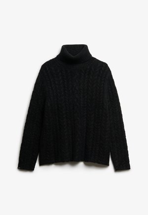 Sort turtleneck sweater med et tekstureret, kabelstrik mønster, brede ærmer og en løs pasform, lavet af blødt, strikket materiale.