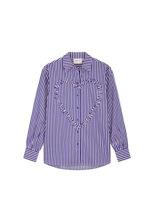 Long-sleeve button-up shirt with vertical purple and white stripes, featuring a ruffled heart shape design on the front.