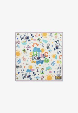 Kinder schaukeln, Snoopy und Peanuts-Figuren mit Sonnen, Wolken, Blumen, Regenbögen und dem Text "Schwing dich in den Frühling!" und "Peanuts."