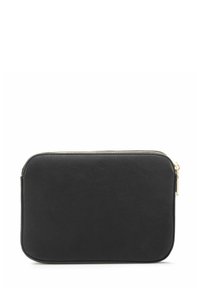 Czarna prostokątna saszetka z zamkiem błyskawicznym w kolorze złotym, gładka w dotyku, z zaokrąglonymi krawędziami, na białym tle.