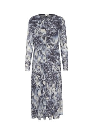 Ilgų rankovių suknelė su mėlyna ir balta abstrakčia raštais, pagaminta iš lengvos medžiagos. Suknelė turi apvalią iškirptę ir laisvą kirpimą.