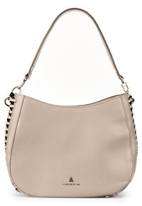 Beżowa skórzana torebka o zaokrąglonym kształcie, charakteryzująca się gładką teksturą, czarnymi plecionymi akcentami po bokach oraz złotymi elementami wykończenia.