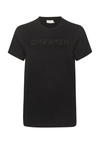 T-shirt noir en tissu doux avec un texte en relief "CHERISH" scintillant sur la poitrine. Design à manches courtes et col rond.