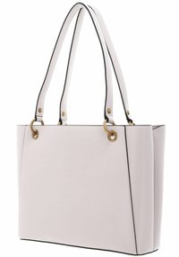 Borsa a mano in pelle rosa chiaro con bordi neri, hardware dorato e doppi manici sottili. Forma rettangolare con un design strutturato.