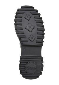Semelle de chaussure en caoutchouc noire avec des crampons profonds, trois motifs carrés au centre, taille numéro 38, et logo "Buffalo" au talon.