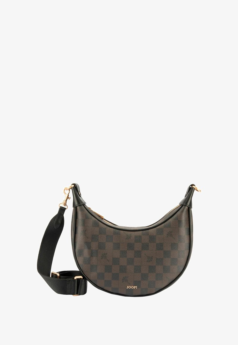 Borsa a mano marrone a quadri con forma curva, dettagli in pelle nera e tracolla nera rimovibile. Presenta un logo e una chiusura lampo in tonalità oro.