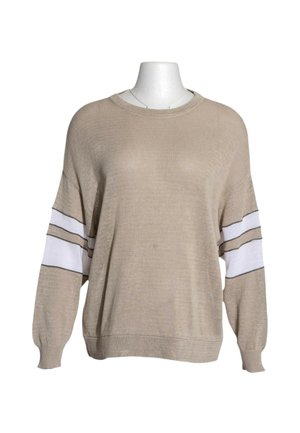 Jersey beige de punto con rayas horizontales blancas y marrón oscuro en las mangas, con escote redondo y puños y dobladillo acanalados.