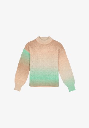 Suéter de punto con un cuello alto, que presenta un degradado de durazno suave a verde menta, un patrón de diamantes texturizado y puños acanalados.