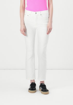 Vita jeans i denim med rak passform, hög midja, femfickorsdesign och kontrasterande sömmar.
