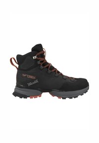 Schwarzer Wanderschuh mit orangenen Akzenten, robustem Profilsohle, hoher Knöchelstütze, strukturiertem Material und hervorstehendem Schnürsystem für einen sicheren Sitz.
