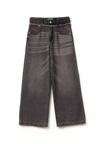 Jeans in denim nero a gamba larga con dettagli sbiaditi, vita sfrangiata, cinque tasche e cuciture a contrasto. Materiale in cotone, design unisex.