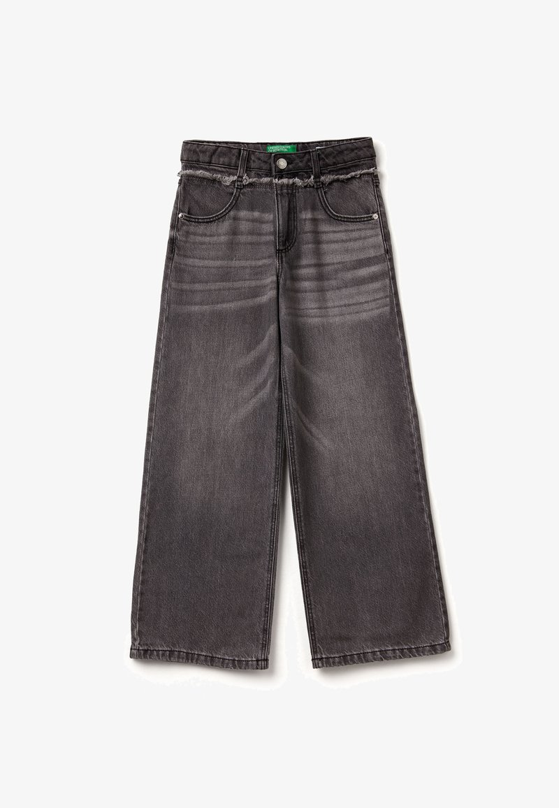 Jeans in denim nero a gamba larga con dettagli sbiaditi, vita sfrangiata, cinque tasche e cuciture a contrasto. Materiale in cotone, design unisex.