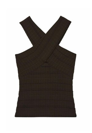 Pruun ribatud lõhiku ja ristatud rihmadega tank top, millel on tekstuuriline mustrit ja struktureeritud lõige. Ilma täiendavate kaunistuste või metallosadeta.