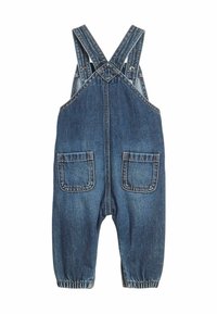 Denim overal met verstelbare kruisriemen, twee vo pockets, elastische manchetten en een vervaagde blauwe was. Eenvoudig, praktisch ontwerp.