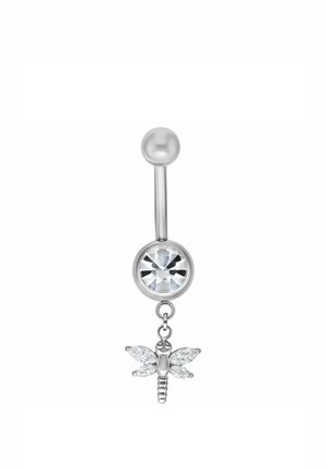 Silver belly ring with round clear gem and small dangling dragonfly charm with crystal wings on a white background.