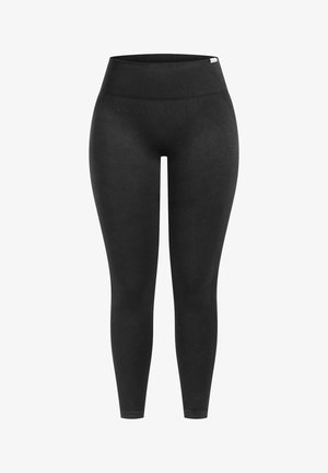 Zwarte leggings met een hoge, geribbelde tailleband, gemaakt van een zachte, elastische stof. Voorzien van gestructureerde horizontale lijnen langs de bovenbenen.