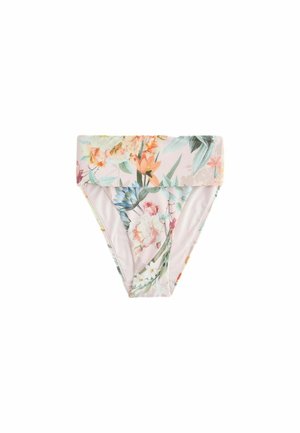 High-waisted bikini bottom with a fold-over waistband, featuring a pastel floral pattern with various leaves and flowers.