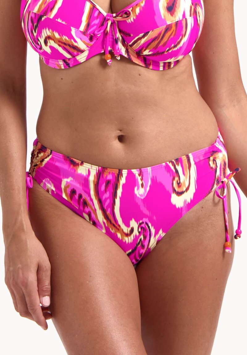 Růžové bikiny s vzorovaným designem, který obsahuje víry v odstínech růžové, oranžové a žluté; nastavitelná konstantní zavazování po stranách.