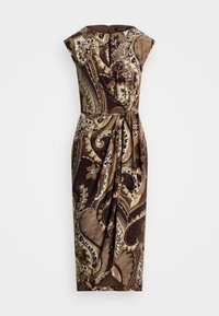 Braunes Kleid mit Paisleymuster, kurzen Puffärmeln, gerafftem Bund und knielangem Saum. Glattes Stoffmaterial. Reißverschluss auf der Rückseite.