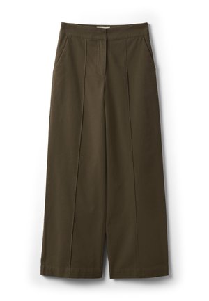 Pantaloni verde oliva a gamba larga con cuciture frontali, tasche laterali e vita alta su sfondo bianco.