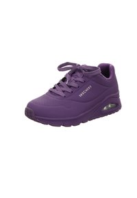 Basket de marque Skechers en violet avec une tige en caoutchouc texturé, un bout rond et un laçage. Comprend un amorti à l'air dans la semelle. Semelle extérieure en caoutchouc plate.