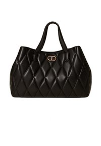 Borsa a tracolla in pelle nera trapuntata con motivo a diamante, doppi manici e dettaglio in metallo dorato sul davanti. Texture liscia.