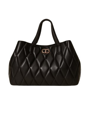 Borsa a tracolla in pelle nera trapuntata con motivo a diamante, doppi manici e dettaglio in metallo dorato sul davanti. Texture liscia.