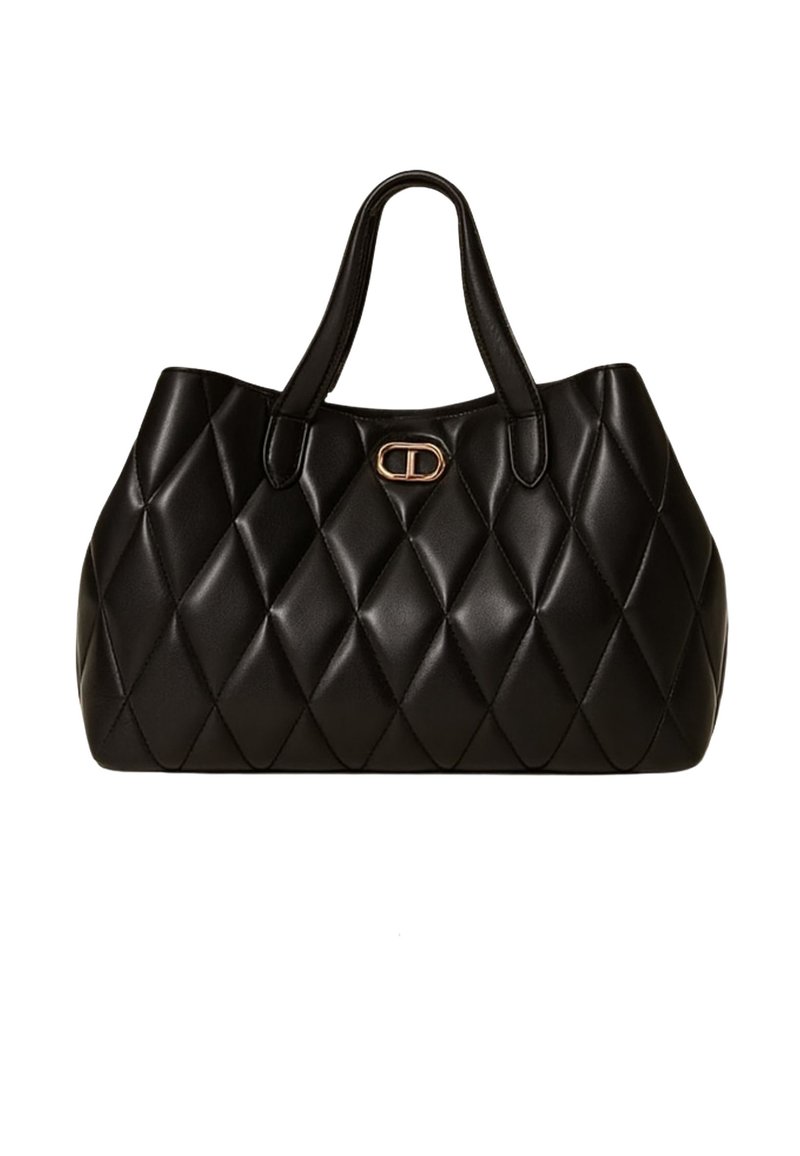 Borsa a tracolla in pelle nera trapuntata con motivo a diamante, doppi manici e dettaglio in metallo dorato sul davanti. Texture liscia.