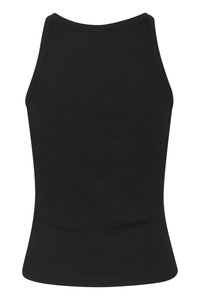 Top preto, justo, sem mangas, feito de tecido canelado. Textura suave com decote arredondado e bordas limpas e acabadas.