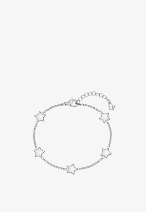 Silbernes Kettenarmband mit fünf gleichmäßig verteilten sternförmigen Anhängern und einem verstellbaren Verschluss mit kleinem Schmetterlingsdetail.
