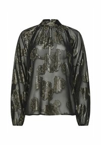Blusa nera trasparente con maniche lunghe, motivo floreale dorato a texture, collo alto e dettagli arricciati. Presenta polsini aderenti e una silhouette fluida.