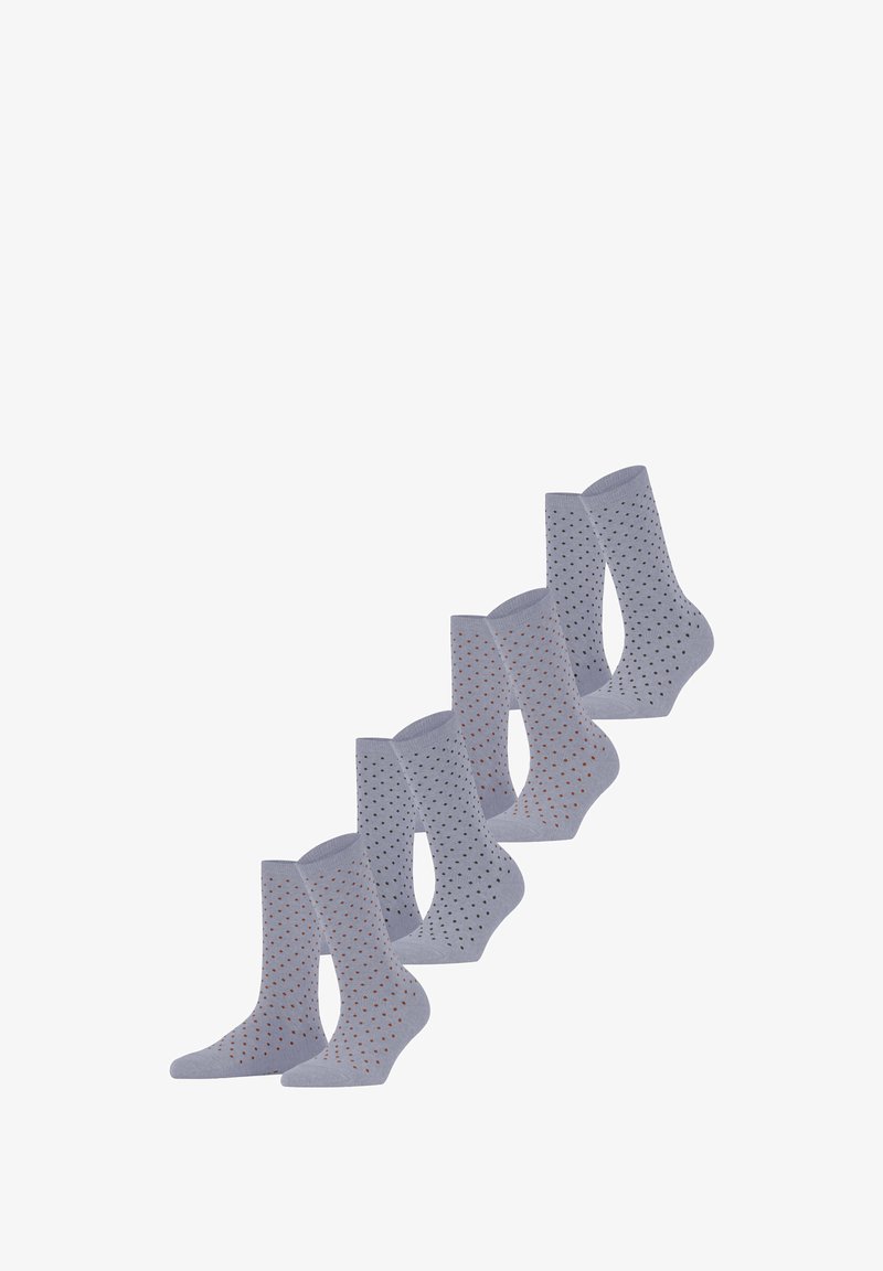 Chaussettes en coton gris clair à pois noirs et orange. Longueur mi-mollet avec un bord-côte et une texture lisse. Cinq paires exposées.