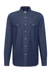 Koszula dżinsowa w ciemnoniebieskim kolorze, z długimi rękawami, spiczastym kołnierzem, dwiema kieszeniami na piersi, z przodu na guziki i regularnym kroju ze wstawkami.