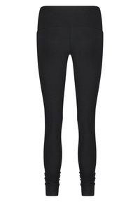 Svarta leggings med en jämn textur, hög midja och draperade mudd vid ankeln. Tillverkade av elastiskt, kroppsnärt material.