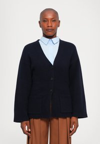 Person med kort hår bär en svart knappad cardigan över en ljusblå kragskjorta och bruna veckade byxor mot en vit bakgrund.