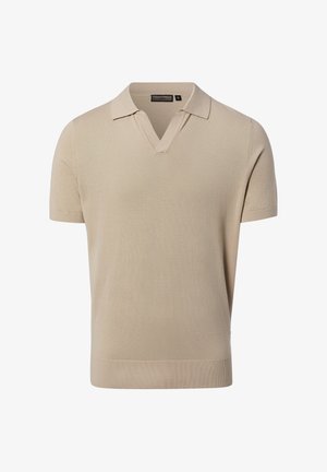 Beige kurzärmliges Strick-Poloshirt mit weichem Kragen und V-Ausschnitt, auf einfarbigem Hintergrund dargestellt.