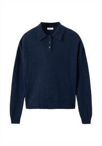 Mørkeblå langærmet polo sweater med tre knapper samt ribbede manchetter og kant, vist fladt på en hvid baggrund.