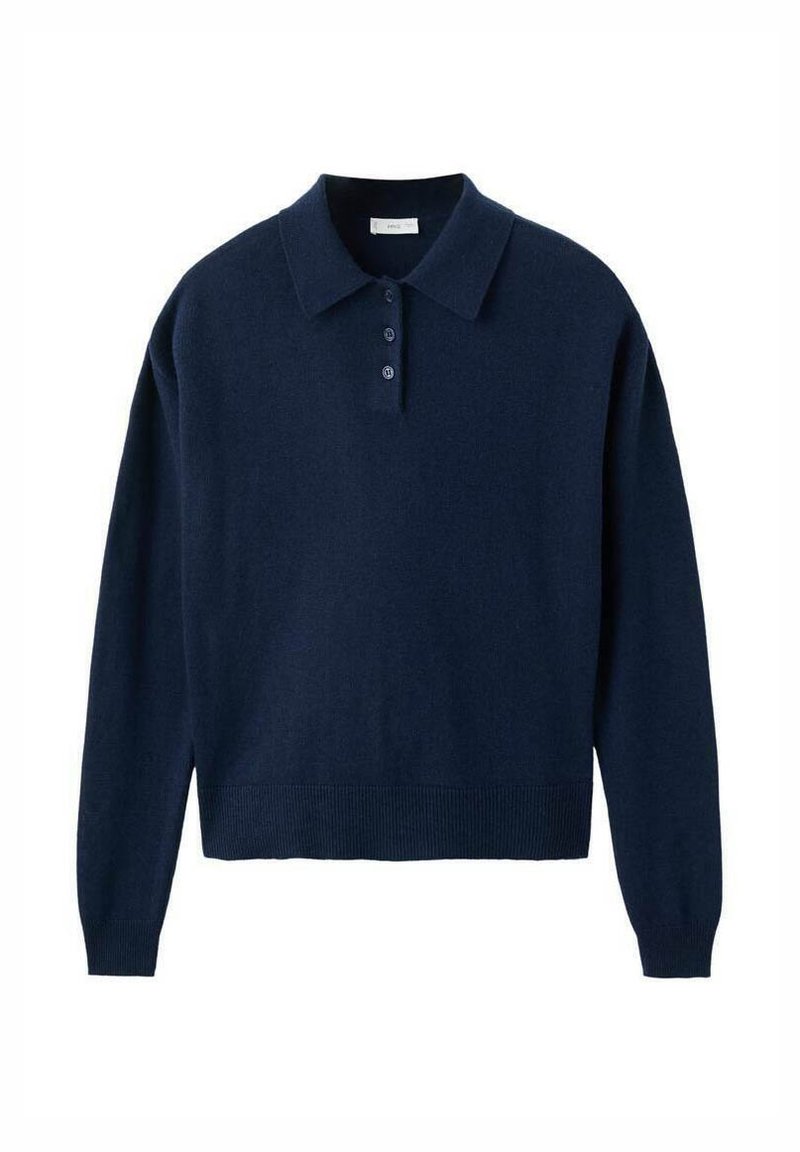 Mørkeblå langærmet polo sweater med tre knapper samt ribbede manchetter og kant, vist fladt på en hvid baggrund.
