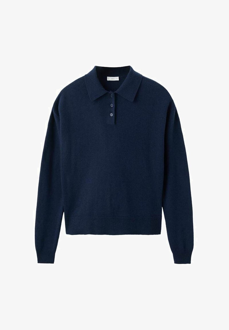 Tamno plavi džemper polo dugih rukava s tri gumba, rebrastim manžetama i rubom, prikazan ravno na bijeloj pozadini.