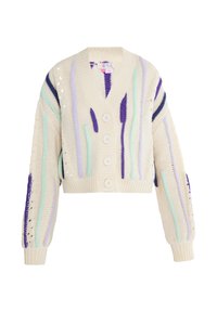 Háčkovaný kardigán s výstrihom do V, krémovej farby, s multicolor vertikálnymi pruhmi v svetlo modrej, fialovej a námorníckej modrej. Zapínanie na päť gombíkov; rebrované manžety.