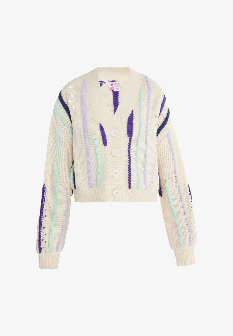 Háčkovaný kardigán s výstrihom do V, krémovej farby, s multicolor vertikálnymi pruhmi v svetlo modrej, fialovej a námorníckej modrej. Zapínanie na päť gombíkov; rebrované manžety.
