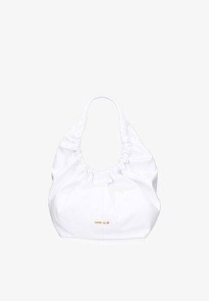 Sac à main en cuir blanc doux avec poignée froncée et petit logo doré « MARC ELLIS » centré près du bas.