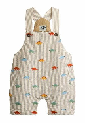 Beżowo-białe, w paski, niemowlęce ogrodniczki z kolorowymi nadrukami dinozaurów, z regulowanymi szelkami na guziki i bocznymi kieszeniami, rozmiar 6-12 miesięcy.