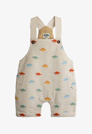 Beżowo-białe, w paski, niemowlęce ogrodniczki z kolorowymi nadrukami dinozaurów, z regulowanymi szelkami na guziki i bocznymi kieszeniami, rozmiar 6-12 miesięcy.