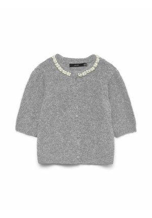 Grijze gebreide cardigan met korte mouwen, textuurstof en een kraag met parelaccent. Heeft knopen aan de voorkant voor sluiting.