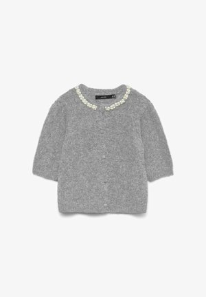 Gilet en tricot gris à manches courtes, en tissu texturé, avec un col orné de perles. Comprend des boutons sur le devant pour la fermeture.
